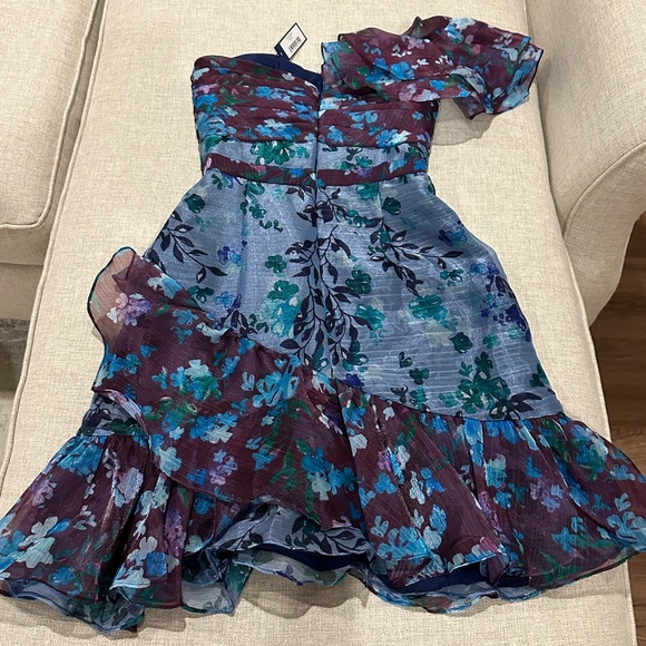 Marchesa Notte One Shoulder Colorblock Cocktail Dress In Blue - Picture 4 of 14